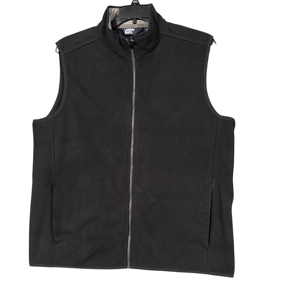 Lands End Mens Large Black Fleece Full Zip Vest Mock Neck Sleeveless Jacket